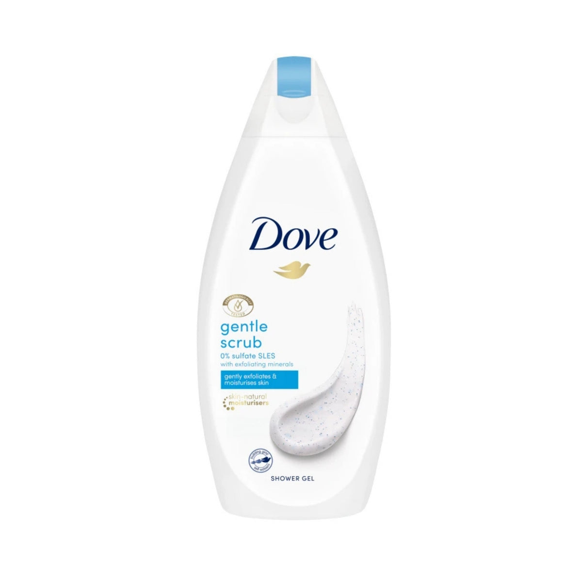 Refect Beauty Dove Gentle Exfoliating Body Wash in a white bottle with blue accents and a visible scrub texture