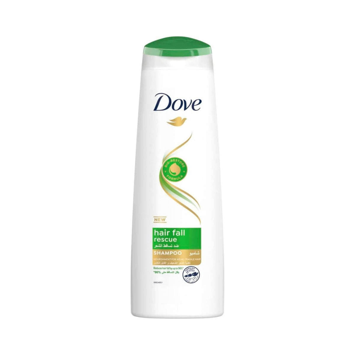 Refect Beauty Dove Hair Fall Rescue shampoo bottle with green cap and Bio-Restore formula for strengthening hair