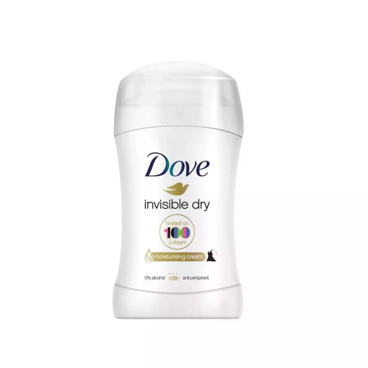 Refect Beauty Dove Invisible Dry anti-perspirant deodorant stick in white packaging with 100 colours test label