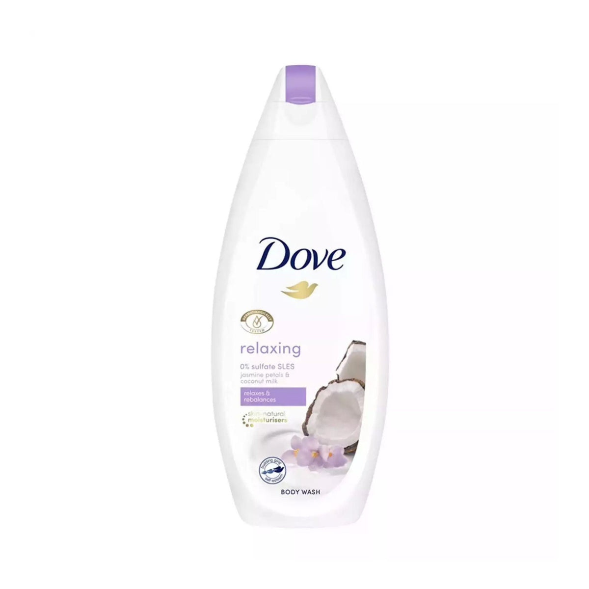 Refect Beauty Dove Relaxing Jasmine and Coconut Milk body wash in a white bottle with purple accents