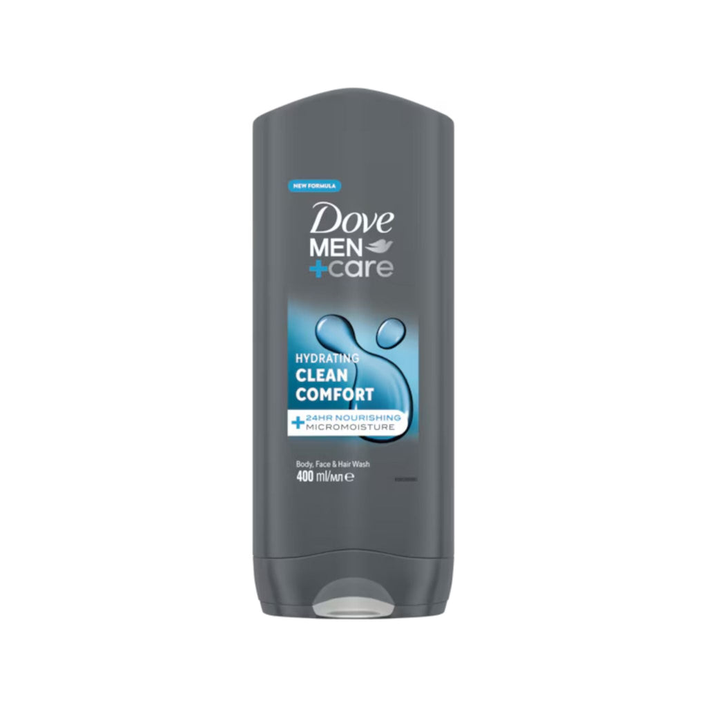 Refect Beauty Dove Men+Care Clean Comfort 3-in-1 body, face, and hair wash in a 400ml grey bottle.