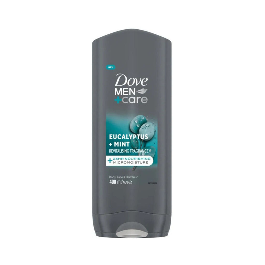 Refect Beauty Dove Men+Care Eucalyptus & Mint body wash in a grey 400ml bottle for refreshing daily skin cleansing.