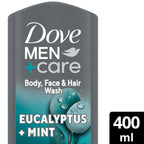 Refect Beauty Dove Men+Care Eucalyptus & Mint body, face, and hair wash in a 400ml grey bottle.
