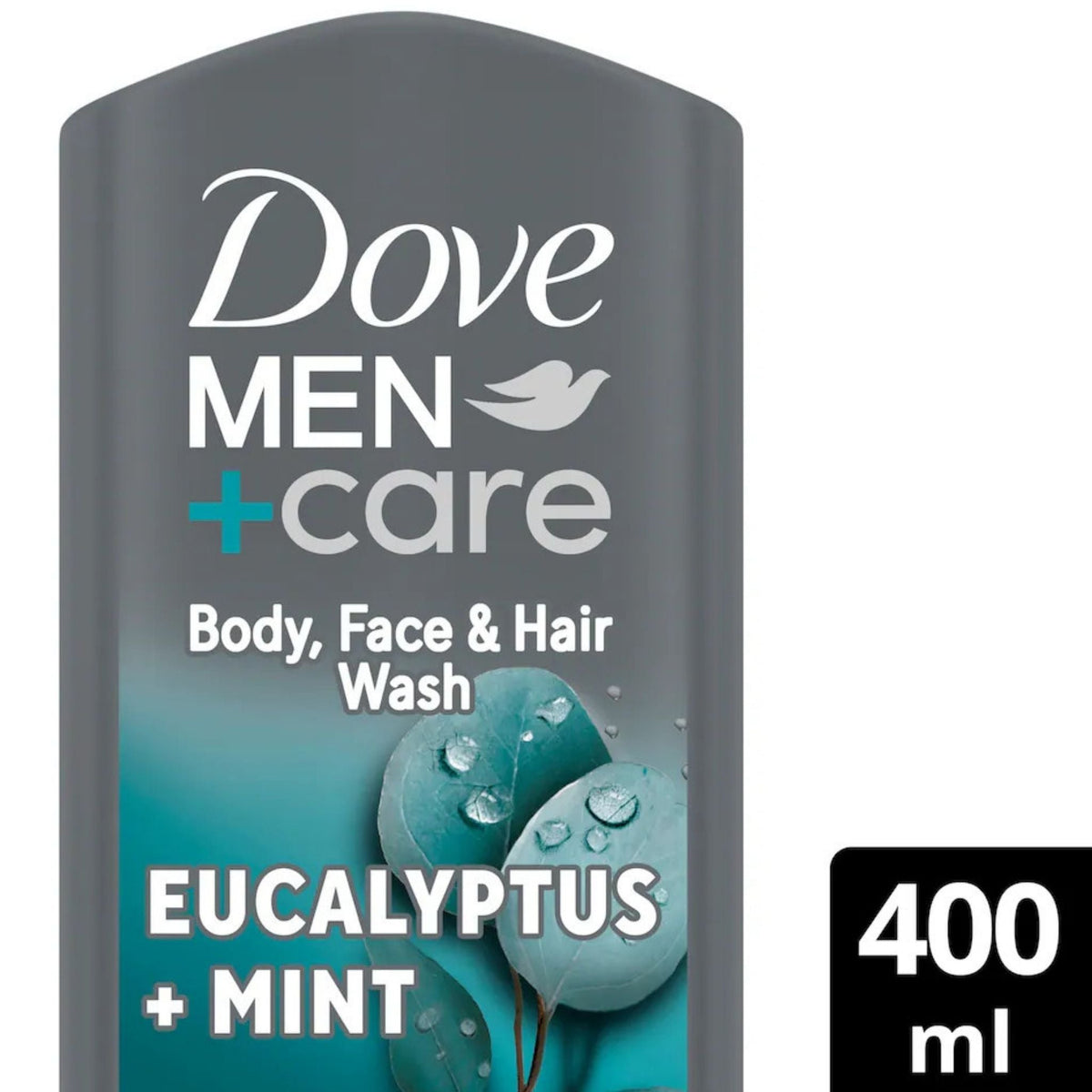 Refect Beauty Dove Men+Care Eucalyptus & Mint body, face, and hair wash in a 400ml grey bottle.