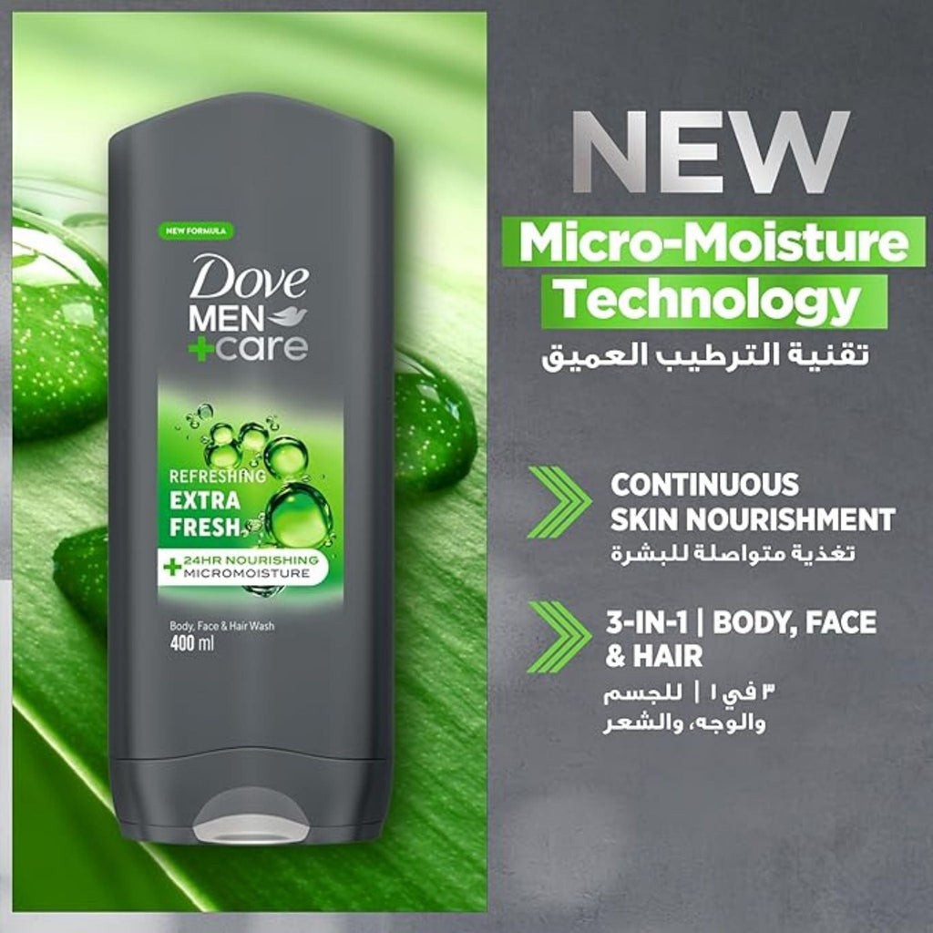 Refect Beauty Dove Men+Care Extra Fresh 3-in-1 body, face, and hair wash bottle with Micro-Moisture technology