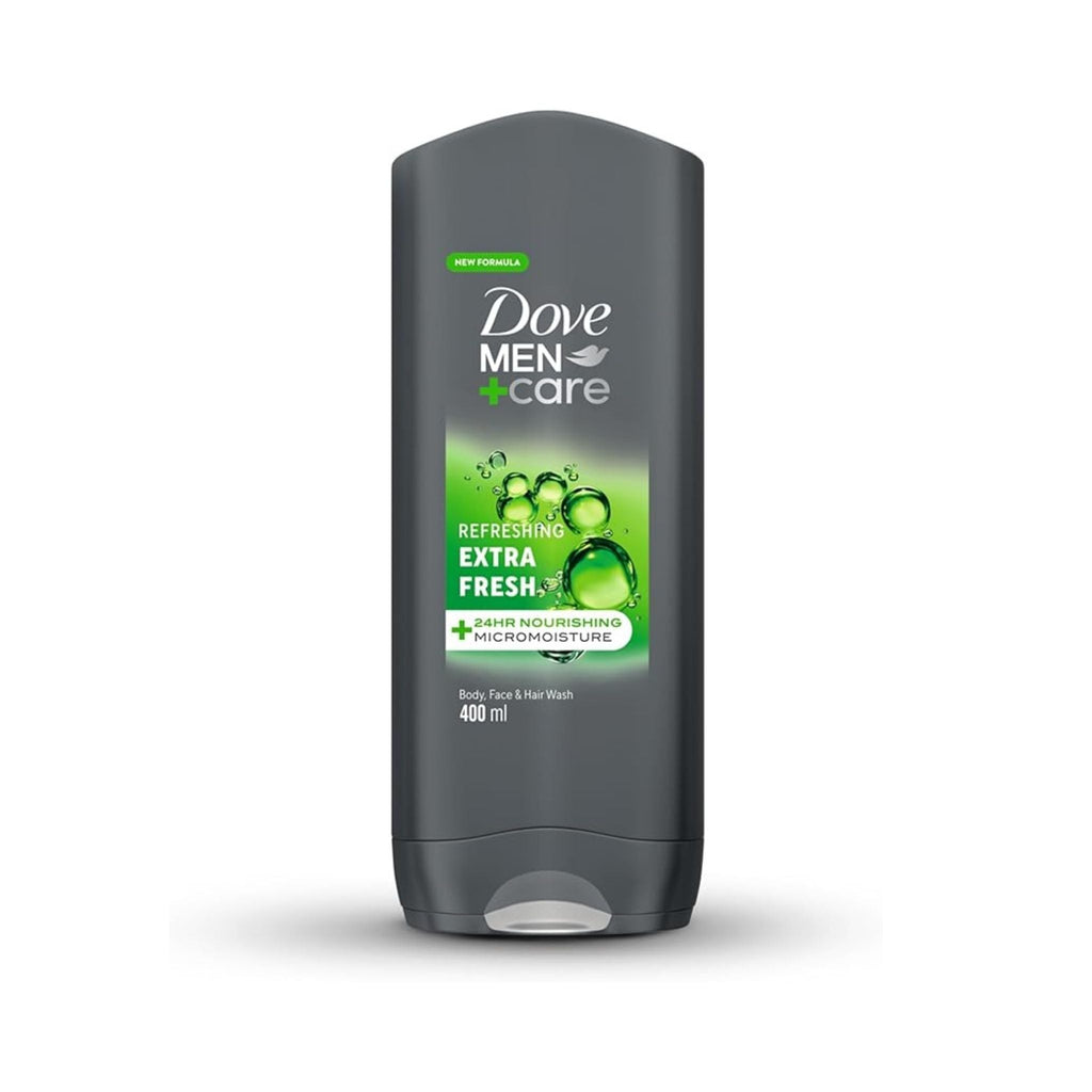 Refect Beauty Dove Men+Care Extra Fresh body and face wash in a 400ml grey bottle with cooling green bubble graphics.