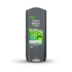 Refect Beauty Dove Men+Care Extra Fresh body and face wash in a 400ml grey bottle with cooling green bubble graphics.