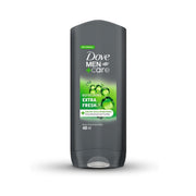 Refect Beauty Dove Men+Care Extra Fresh body and face wash in a 400ml grey bottle with cooling green bubble graphics.