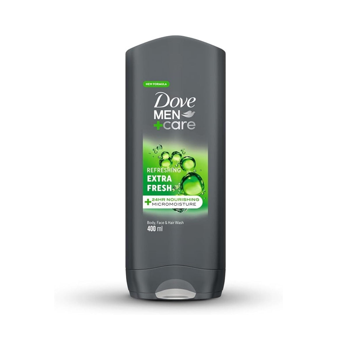 Refect Beauty Dove Men+Care Extra Fresh body and face wash in a 400ml grey bottle with cooling green bubble graphics.