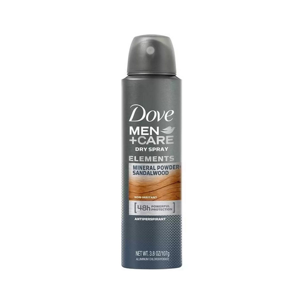 Refect Beauty Dove Men+Care Elements 48H antiperspirant deodorant spray can with mineral powder and sandalwood scent