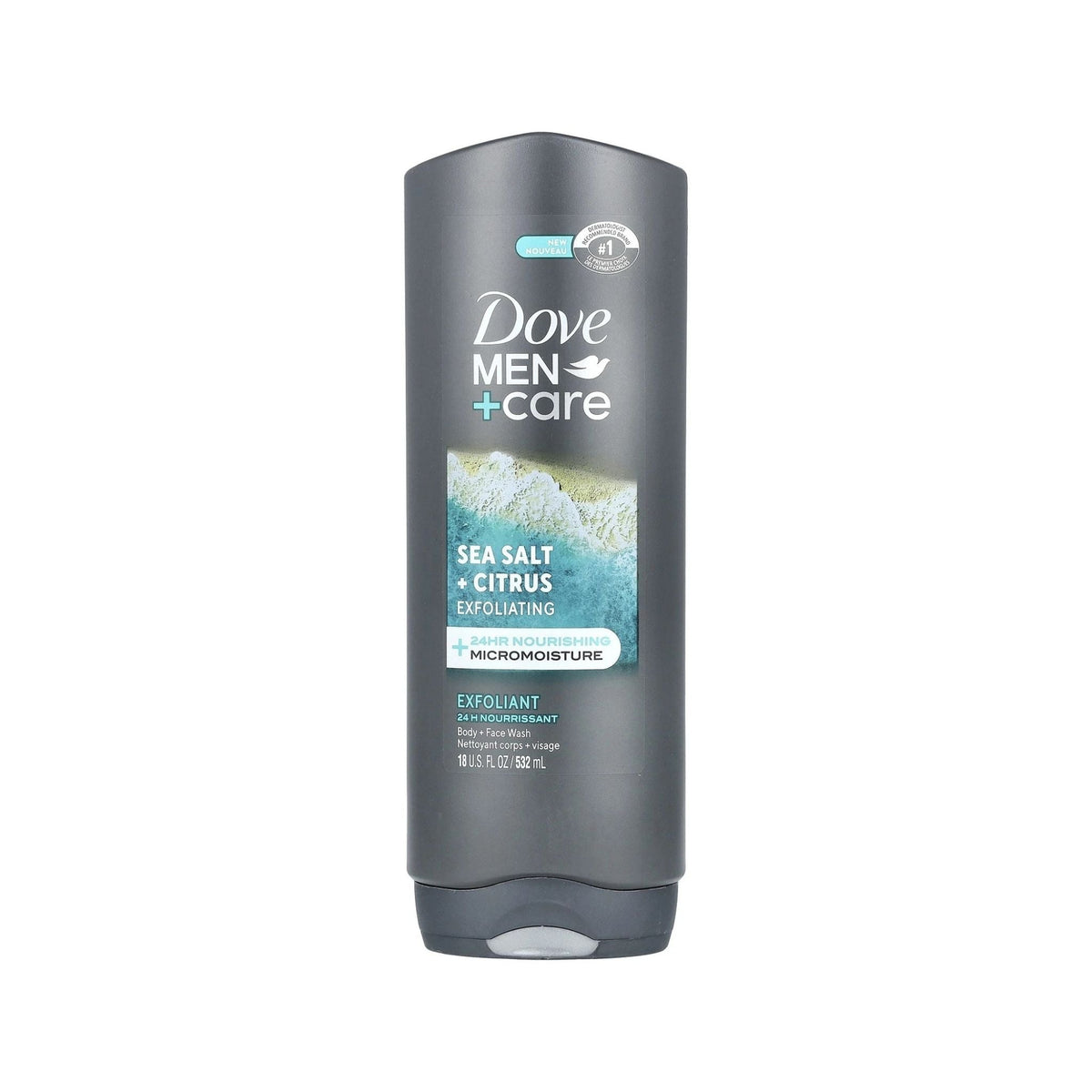 Refect Beauty Dove Men+Care Sea Salt and Citrus exfoliating body and face wash in a grey bottle