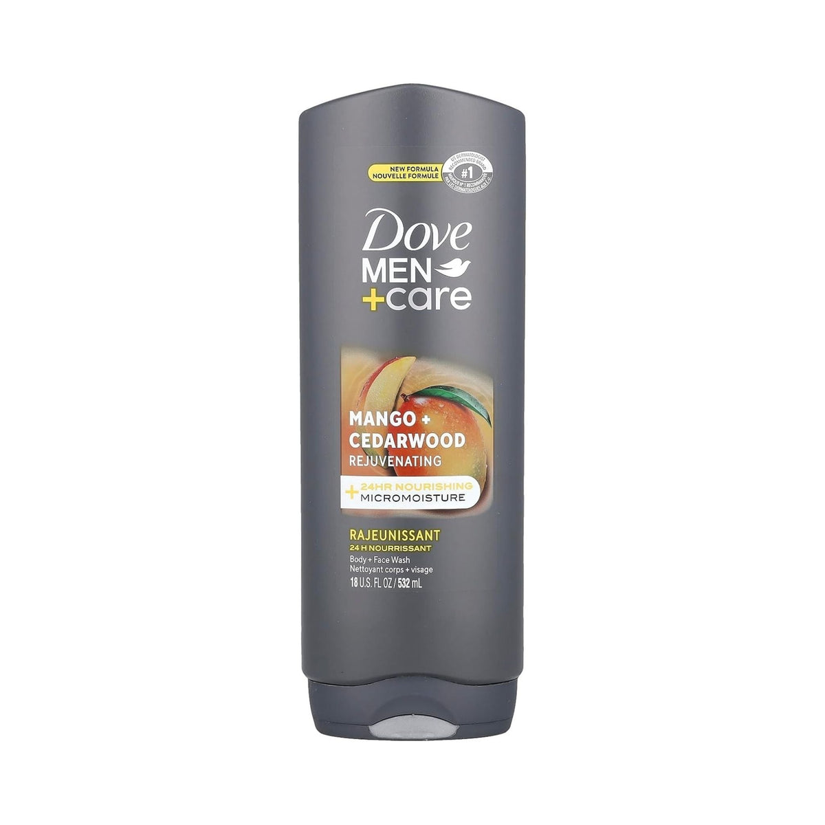 Refect Beauty Dove Men+Care Mango & Cedarwood Rejuvenating Body Wash in a grey 532ml bottle with fruit imagery.
