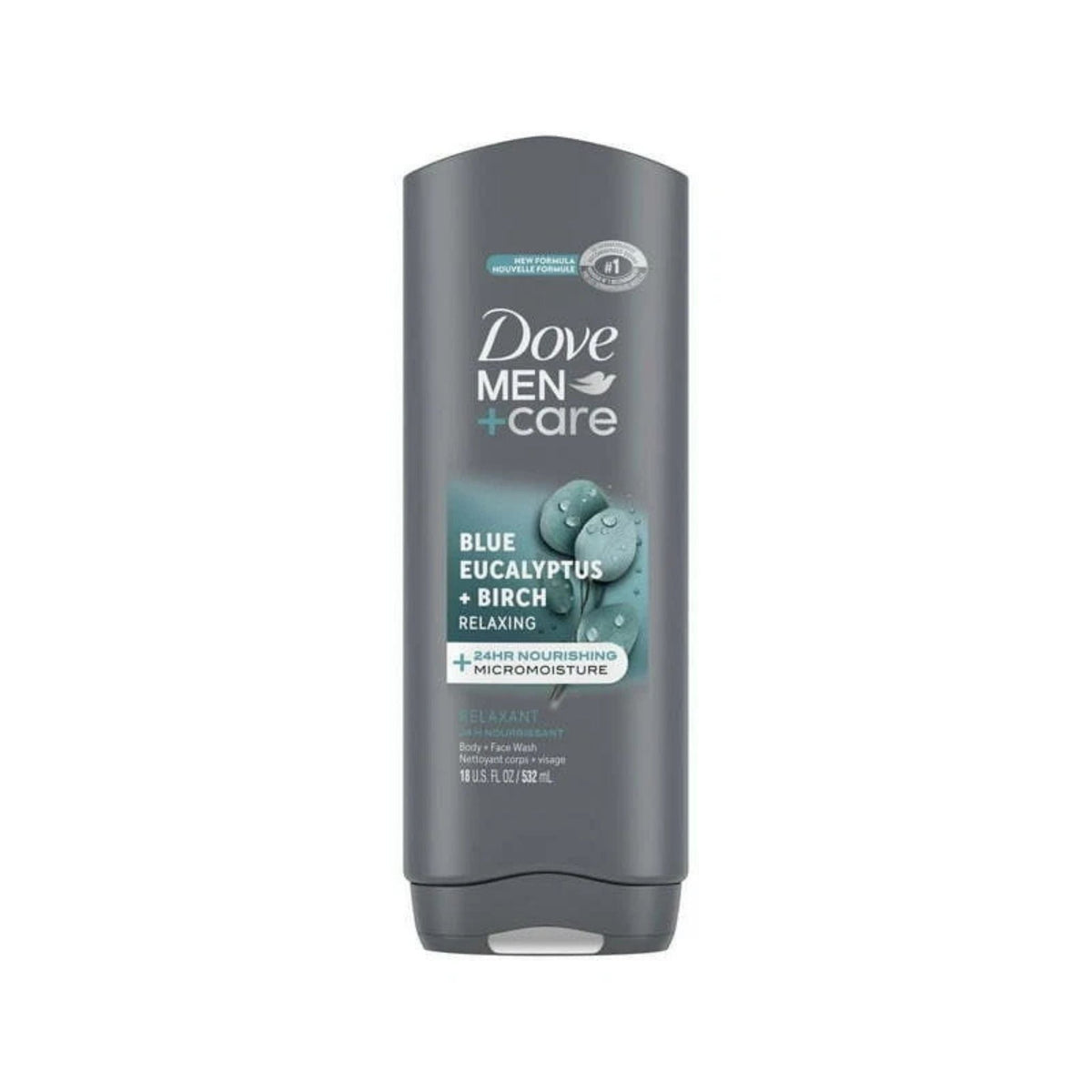 Refect Beauty Dove Men+Care Blue Eucalyptus & Birch body wash in a grey bottle with refreshing scent branding.