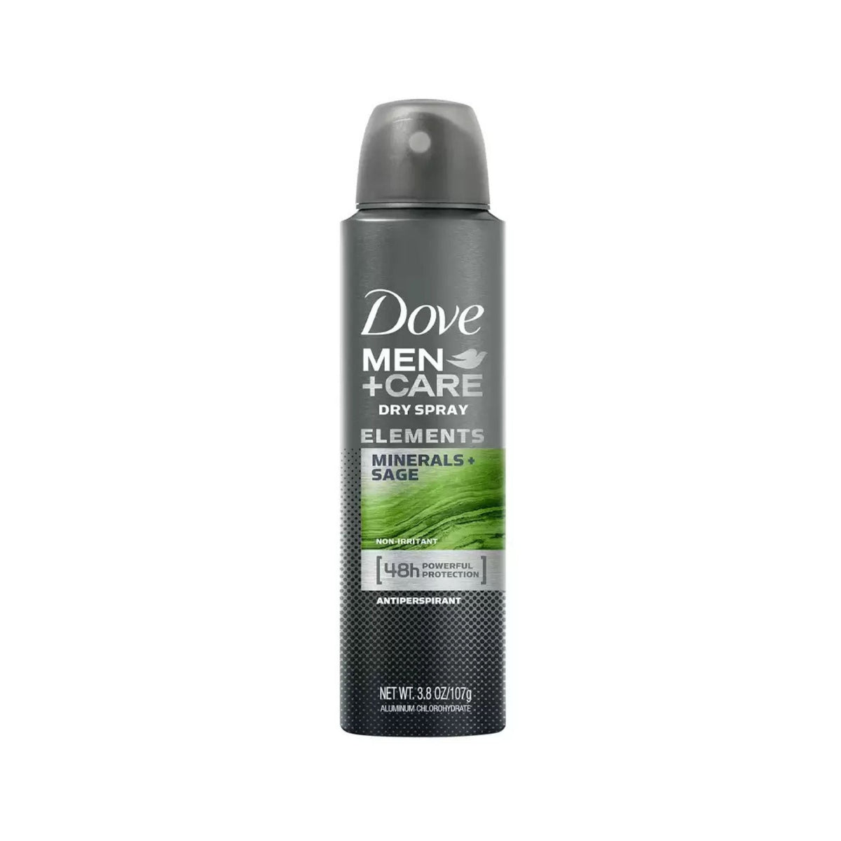 Refect Beauty Dove Men+Care Minerals & Sage antiperspirant dry spray can with a grey and green design.