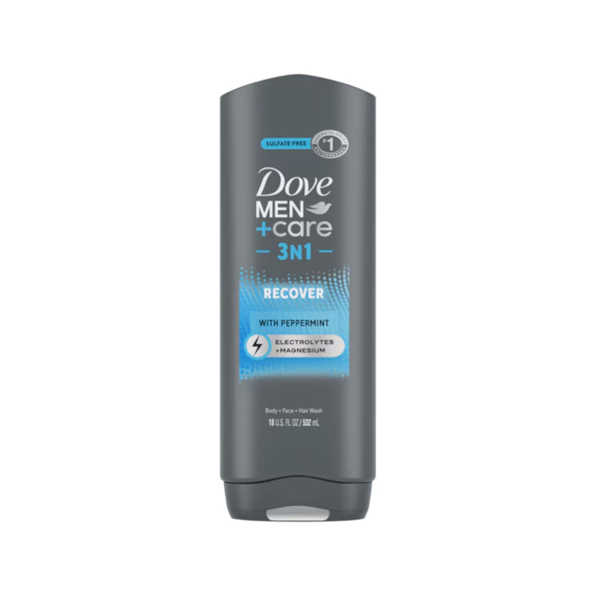 Refect Beauty Dove Men+Care Recover 3-in-1 body, face, and hair wash in a grey bottle with peppermint and electrolytes.