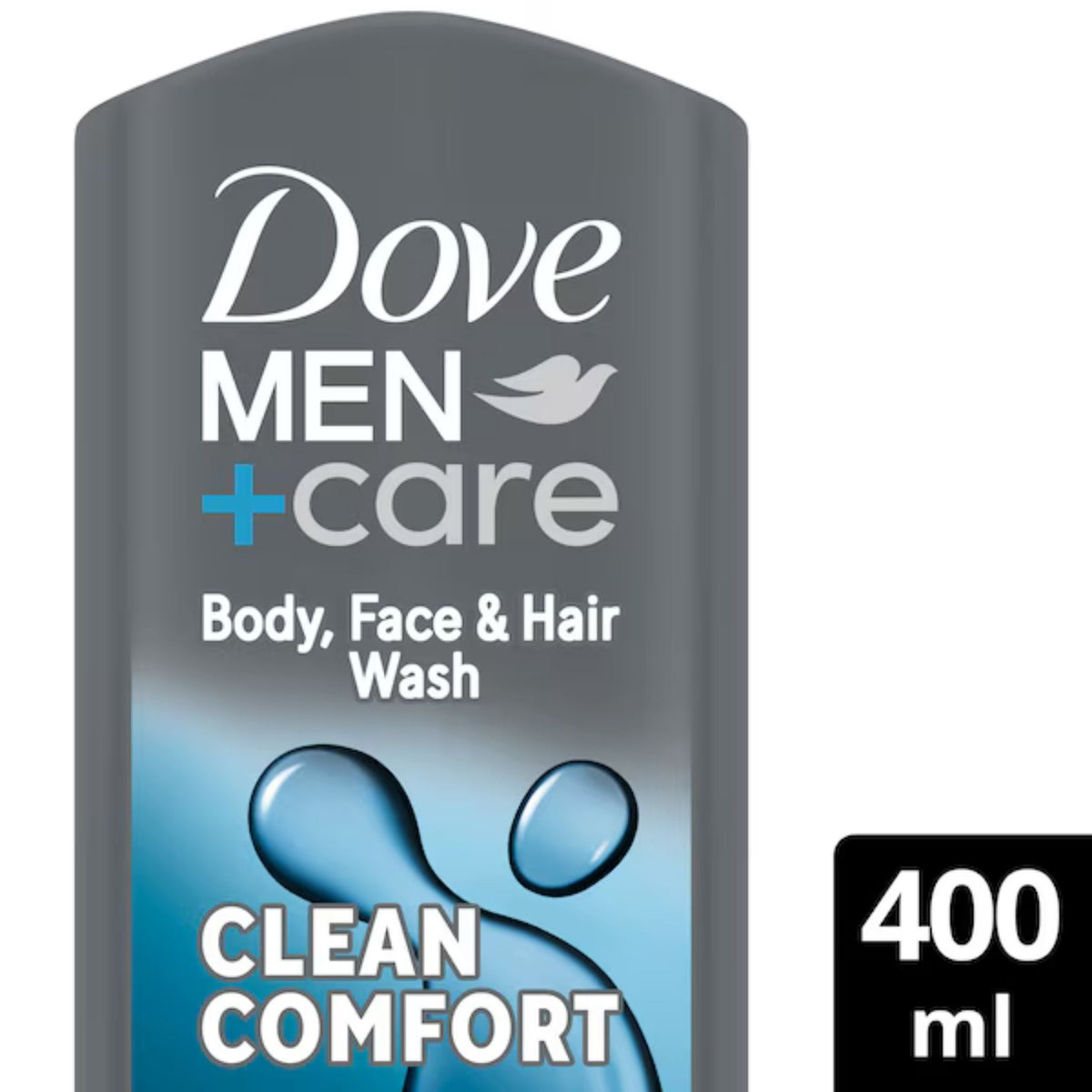 Refect Beauty Dove Men+Care Clean Comfort 3-in-1 body, face, and hair wash in a 400ml grey bottle.