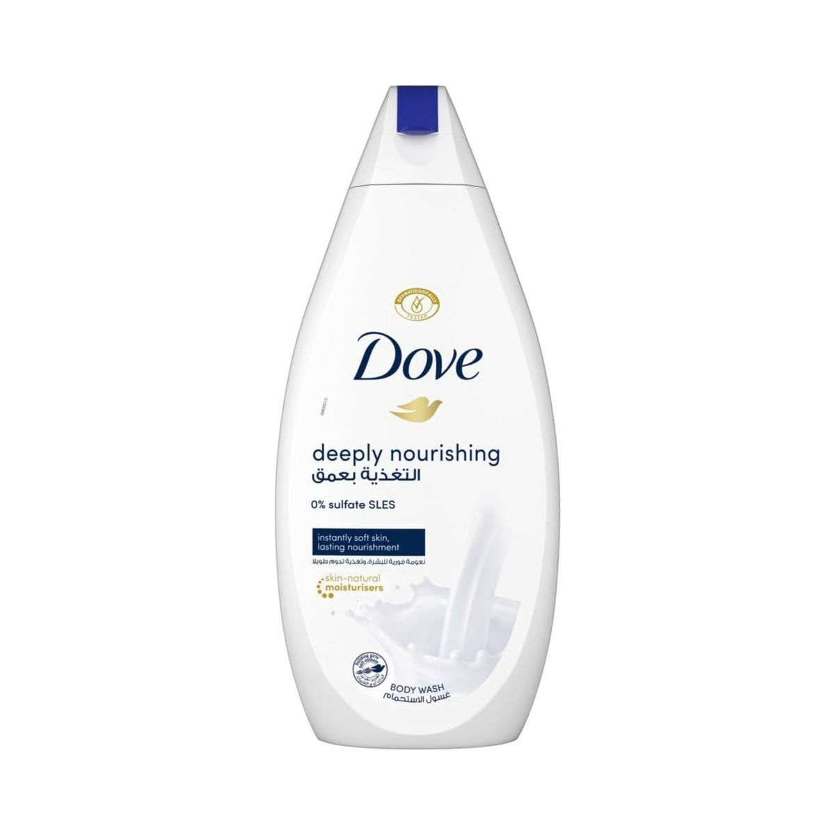 Refect Beauty Dove Deeply Nourishing body wash bottle with white packaging and blue cap for soft hydrated skin
