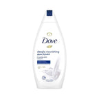Refect Beauty Dove Deeply Nourishing body wash bottle with creamy milk splash graphic on a white background.
