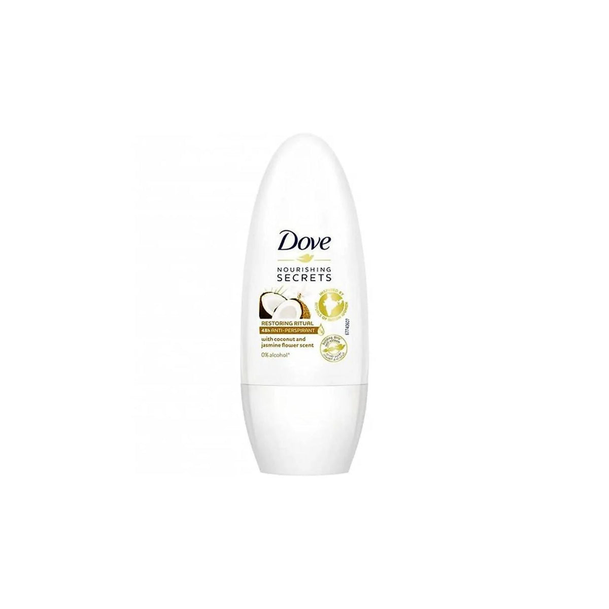 Refect Beauty Dove Nourishing Secrets Restoring Ritual roll-on antiperspirant with coconut and jasmine flower scent.