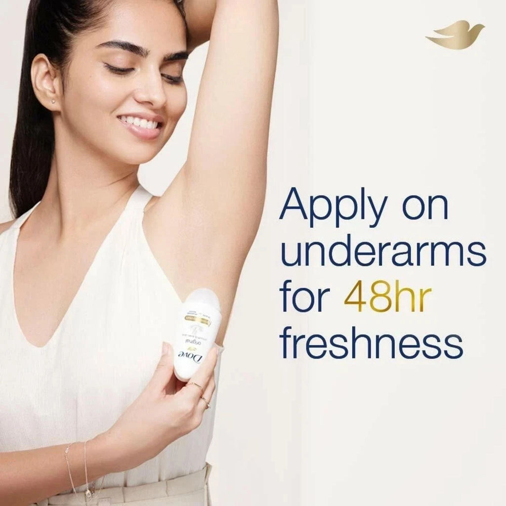 Refect Beauty woman applying Dove Original roll-on antiperspirant to her underarm for 48-hour freshness