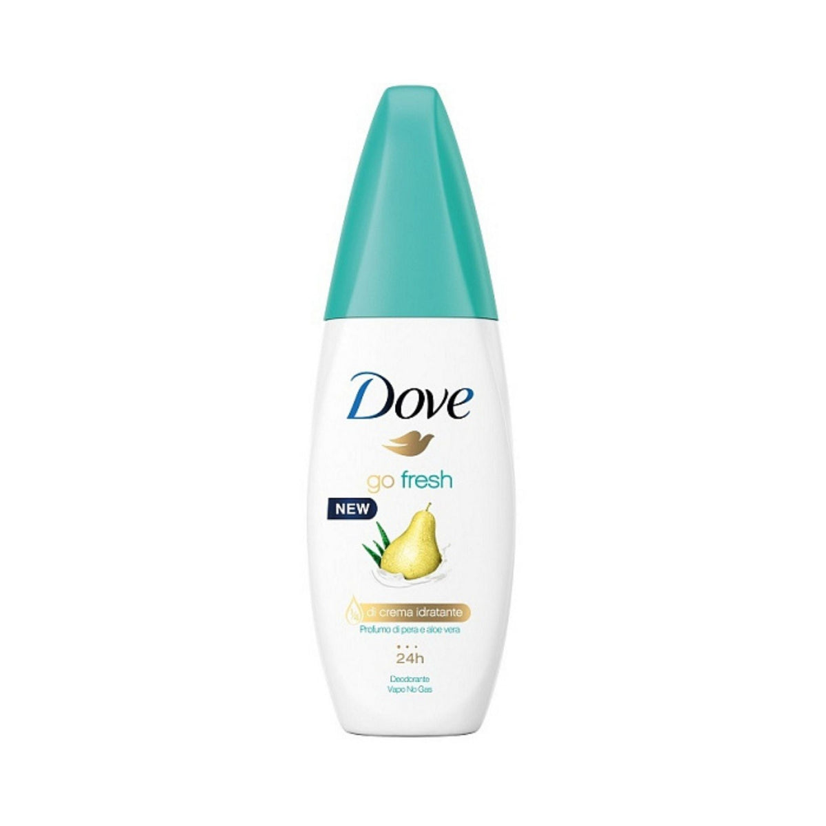 Refect Beauty Dove Go Fresh Pear and Aloe Vera antiperspirant spray bottle with a teal cap and pear graphic.