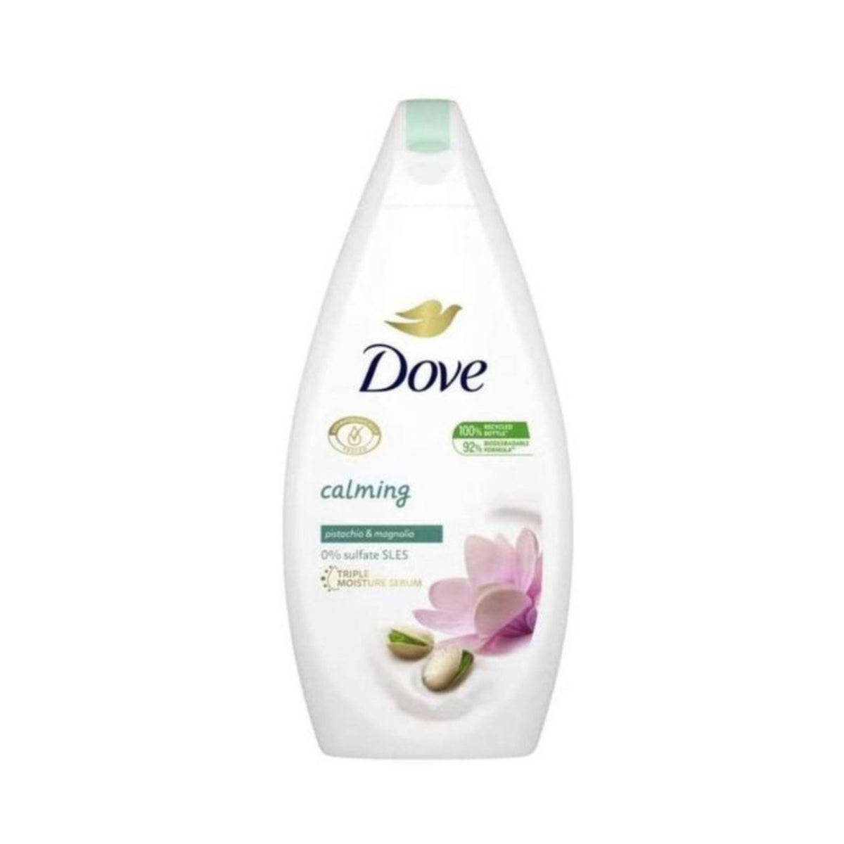 Refect Beauty Dove Calming Pistachio & Magnolia body wash in a white bottle with floral and nut imagery.