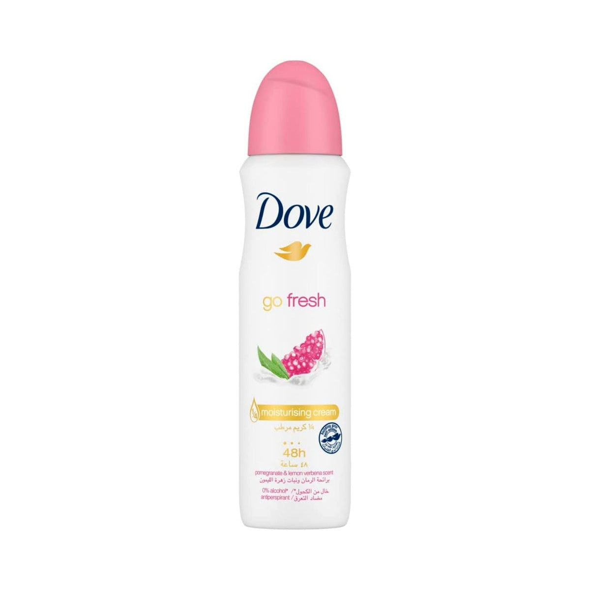 Refect Beauty Dove Go Fresh Pomegranate antiperspirant spray with a pink cap and refreshing fruity scent