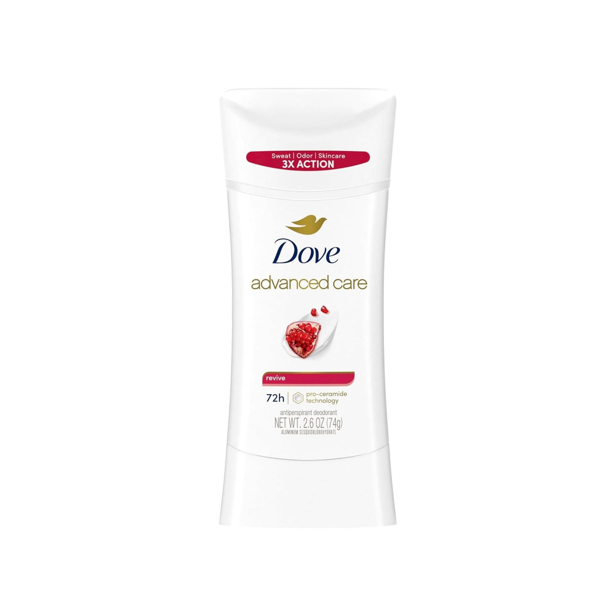 Refect Beauty Dove Advanced Care Revive Pomegranate antiperspirant deodorant stick for 72-hour sweat protection.