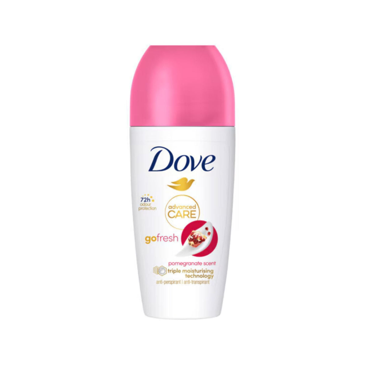Refect Beauty Dove Advanced Care Pomegranate roll-on antiperspirant deodorant with a pink cap and white bottle.