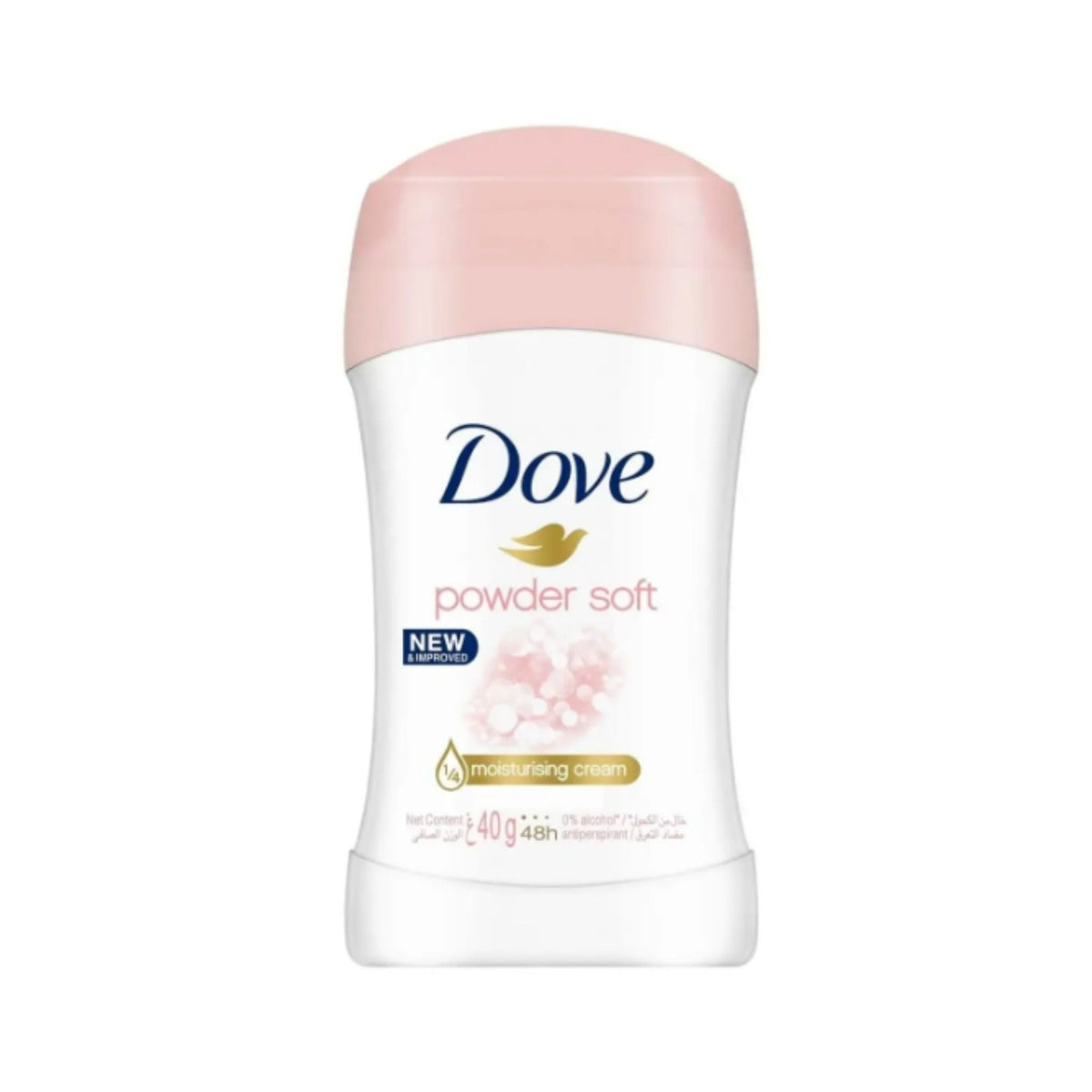 Refect Beauty Dove Powder Soft antiperspirant deodorant stick with a light pink cap and moisturizing cream formula.