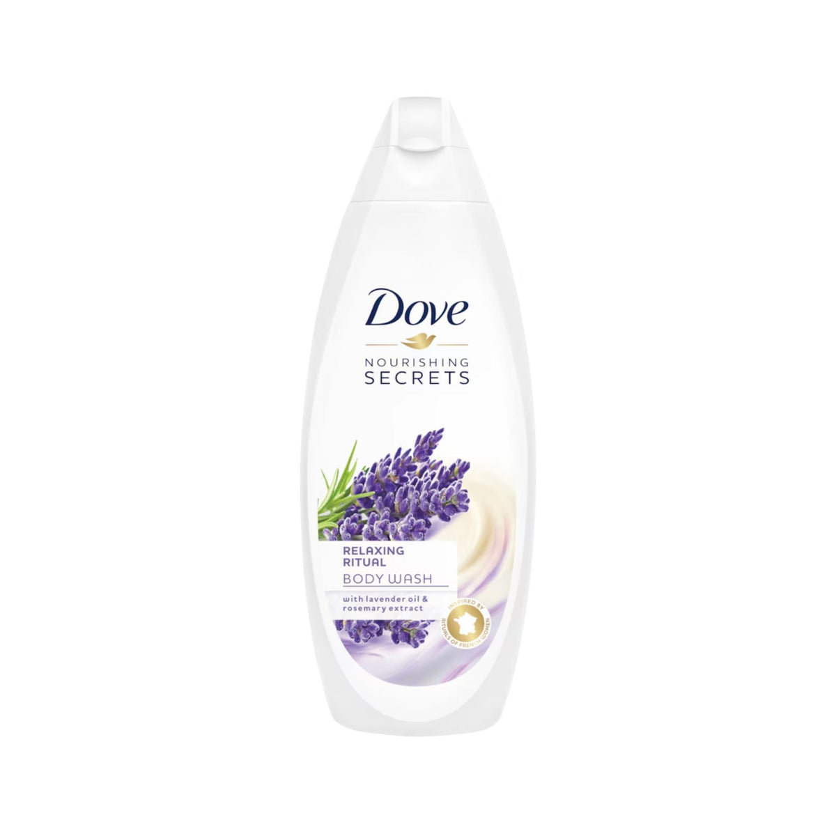 Refect Beauty Dove Relaxing Ritual body wash bottle with lavender and rosemary extract for soft, smooth skin.