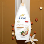 Refect Beauty Dove Pampering Shea Butter and Warm Vanilla body wash bottle surrounded by shea nuts and vanilla flowers