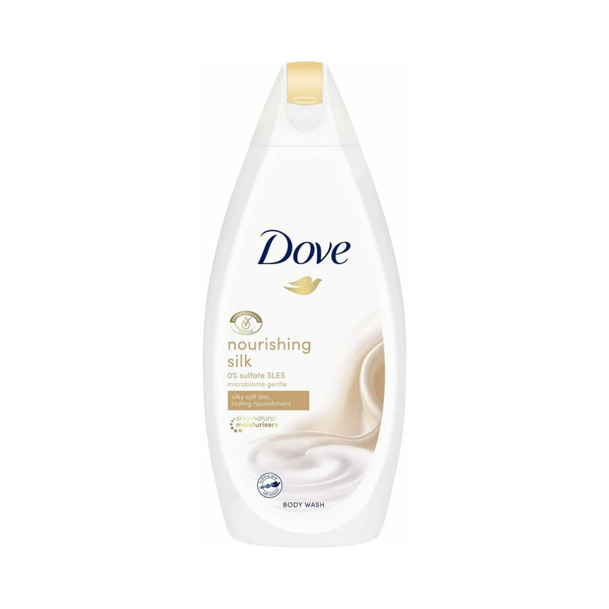 Refect Beauty Dove Silk Glow nourishing body wash in a white bottle with gold accents for soft and radiant skin