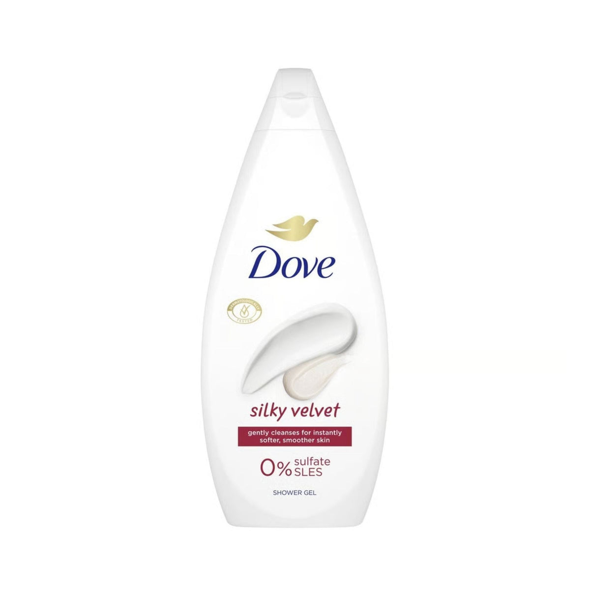 Refect Beauty Dove Silky Velvet shower gel bottle with creamy texture graphic for soft and smooth skin