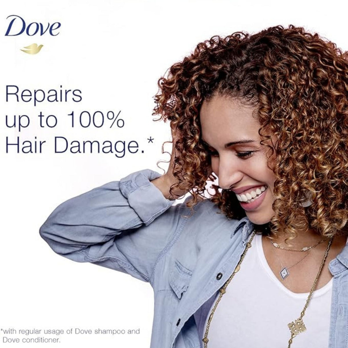 Refect Beauty Dove Strengthening Ritual conditioner ad featuring a smiling woman with healthy curly hair
