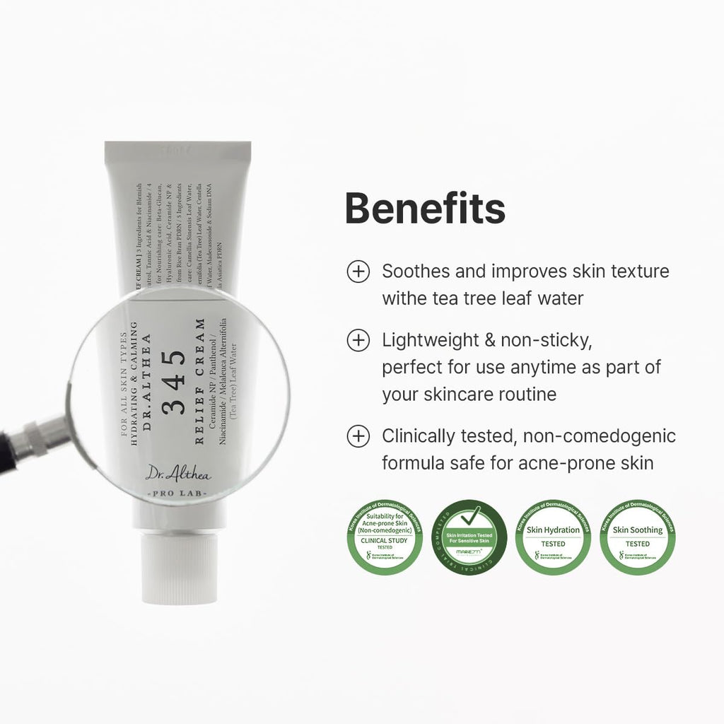 Refect Beauty Dr. Althea 345 Relief Cream tube viewed through a magnifying glass with skincare benefits listed