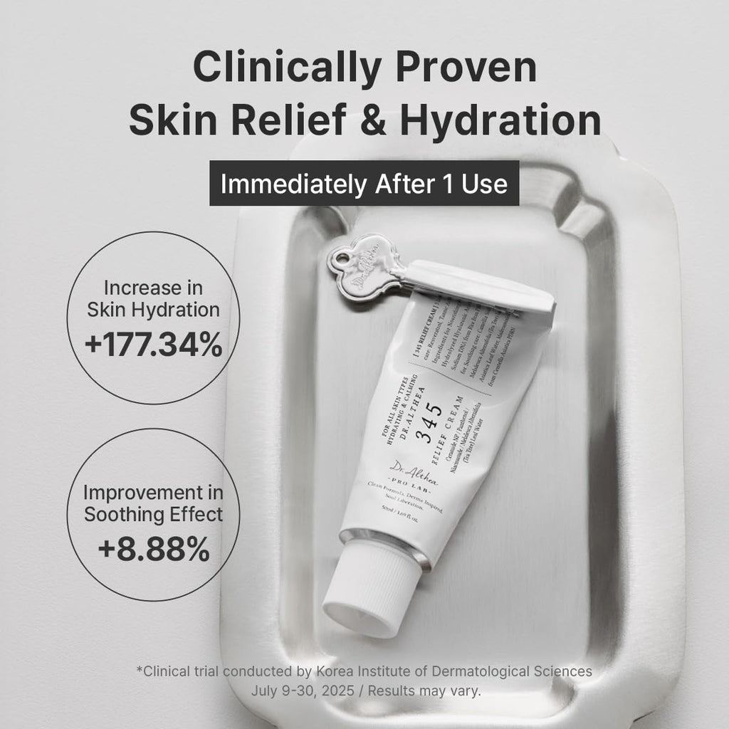 Refect Beauty Dr. Althea 345 Relief Cream tube on a silver tray with clinical hydration and soothing test results