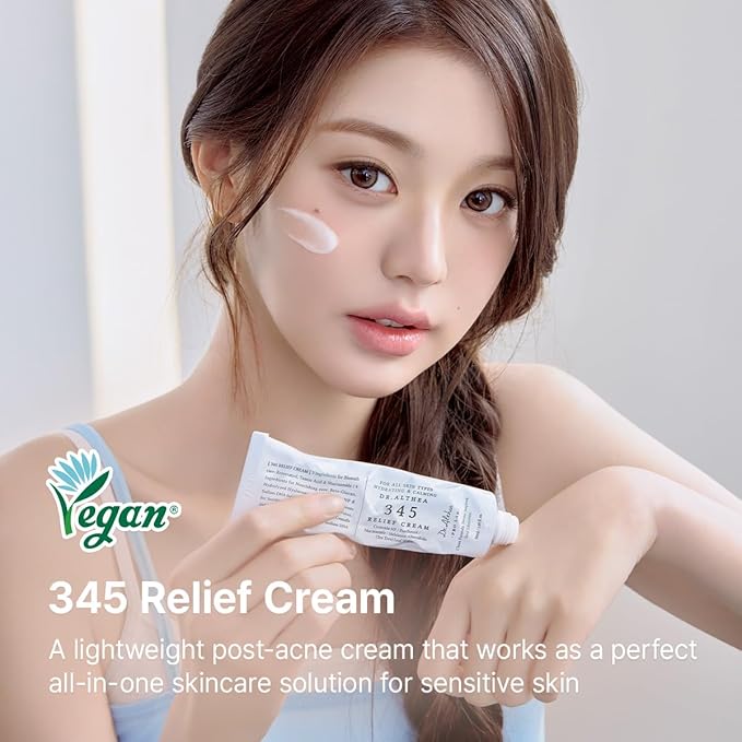 Refect Beauty model applying Dr. Althea 345 Relief Cream to her cheek for soothing sensitive skin care