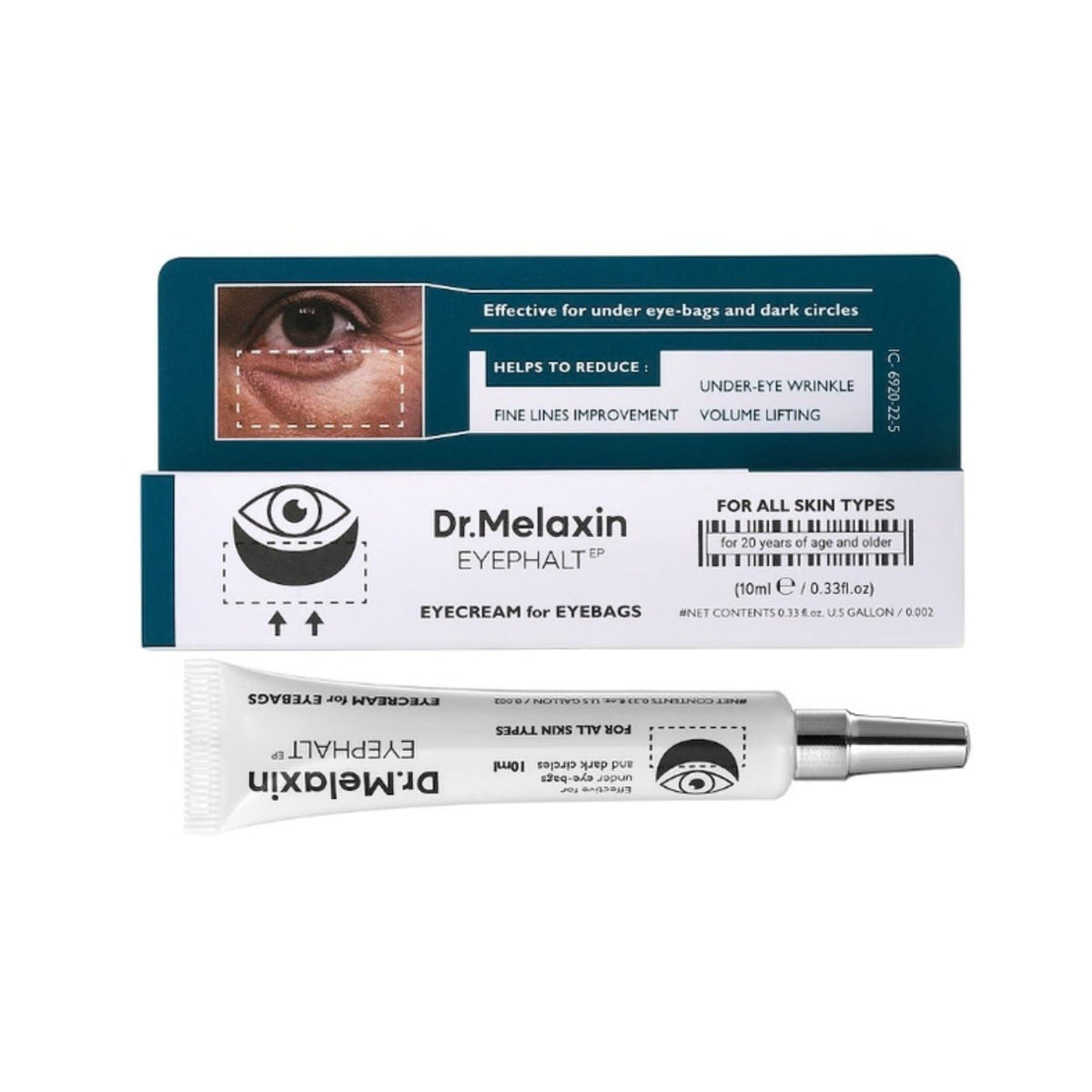 Refect Beauty Dr.Melaxin Eyephalt Eyebag Cream tube and packaging box for reducing under-eye puffiness and fine lines