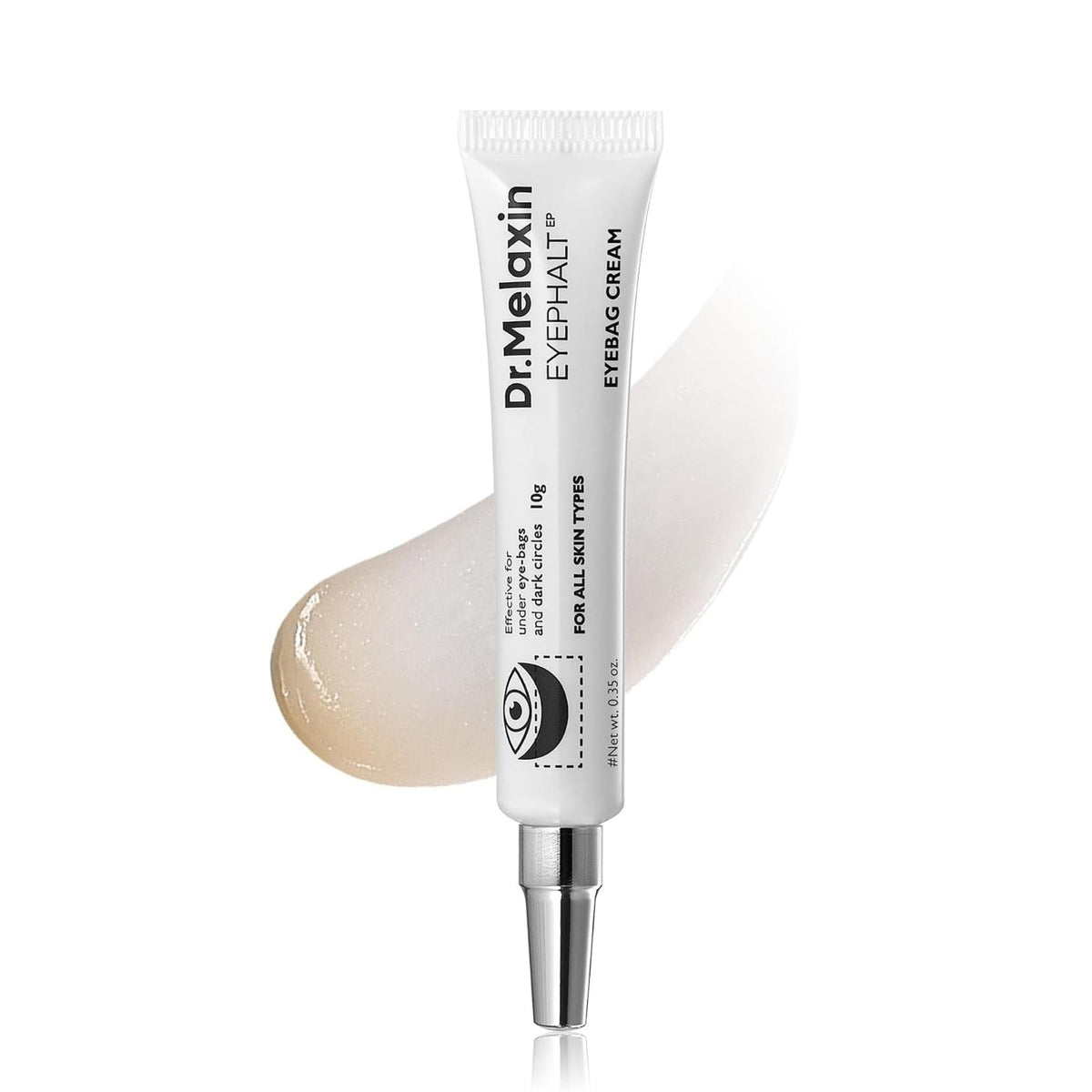 Refect Beauty Dr.Melaxin Eyephalt Eyebag Cream in a white squeeze tube with a swatch of clear gel texture