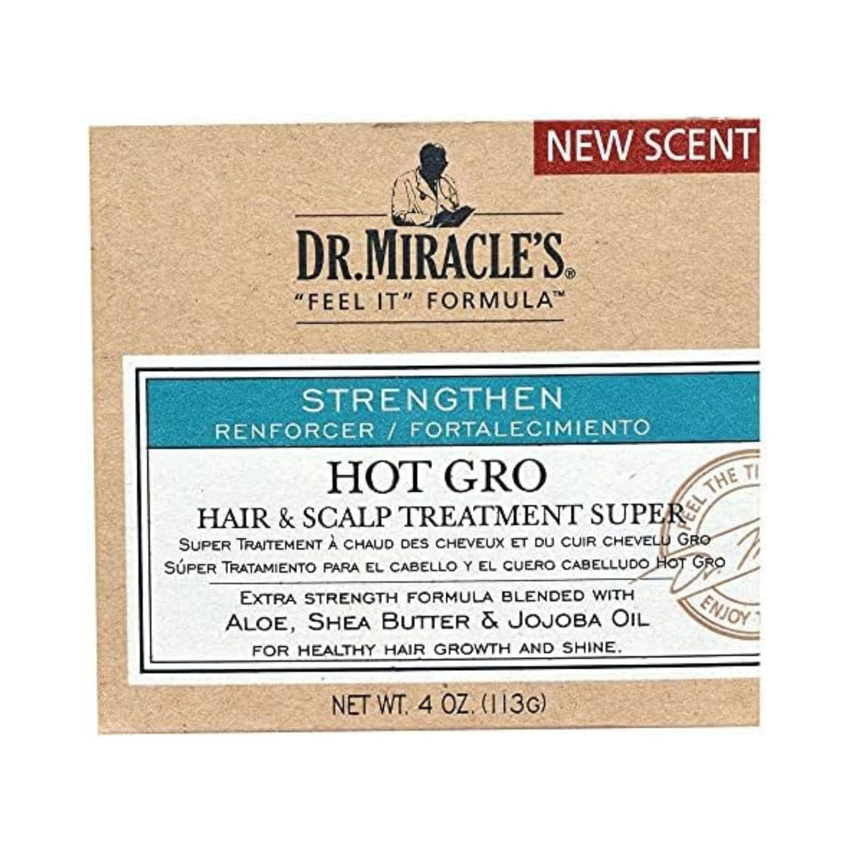 Refect Beauty Dr. Miracle's Hot Gro Super hair and scalp treatment in a 4 oz container with aloe, shea, and jojoba oil.