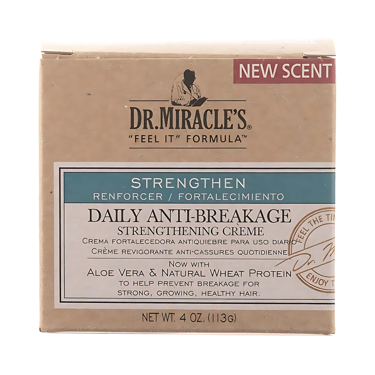 Refect Beauty Dr. Miracles Strengthen Daily Anti-Breakage creme in a 4 oz box with aloe vera and wheat protein