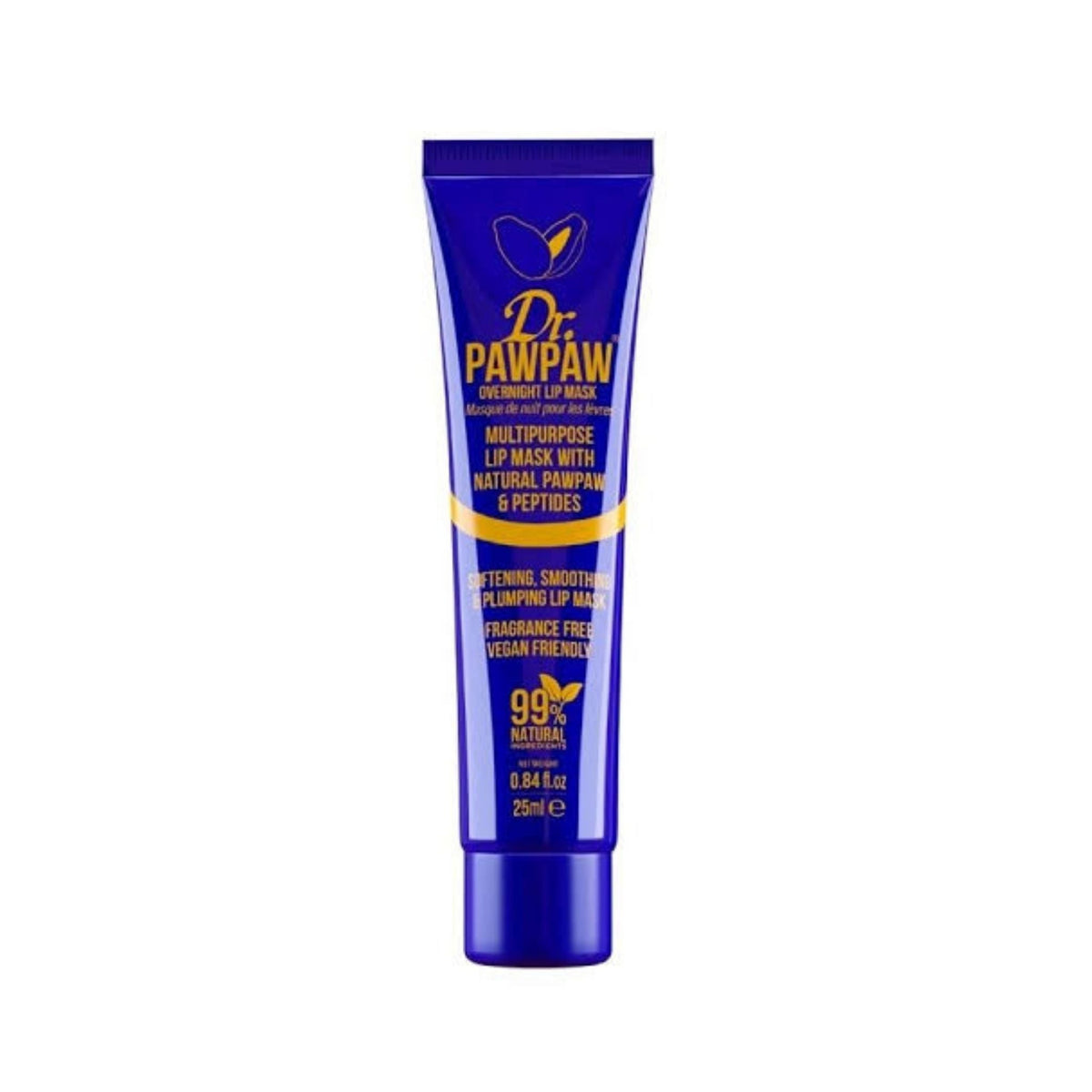 Refect Beauty Dr.PAWPAW Overnight Lip Mask in a blue squeeze tube with yellow branding for hydrating dry lips.