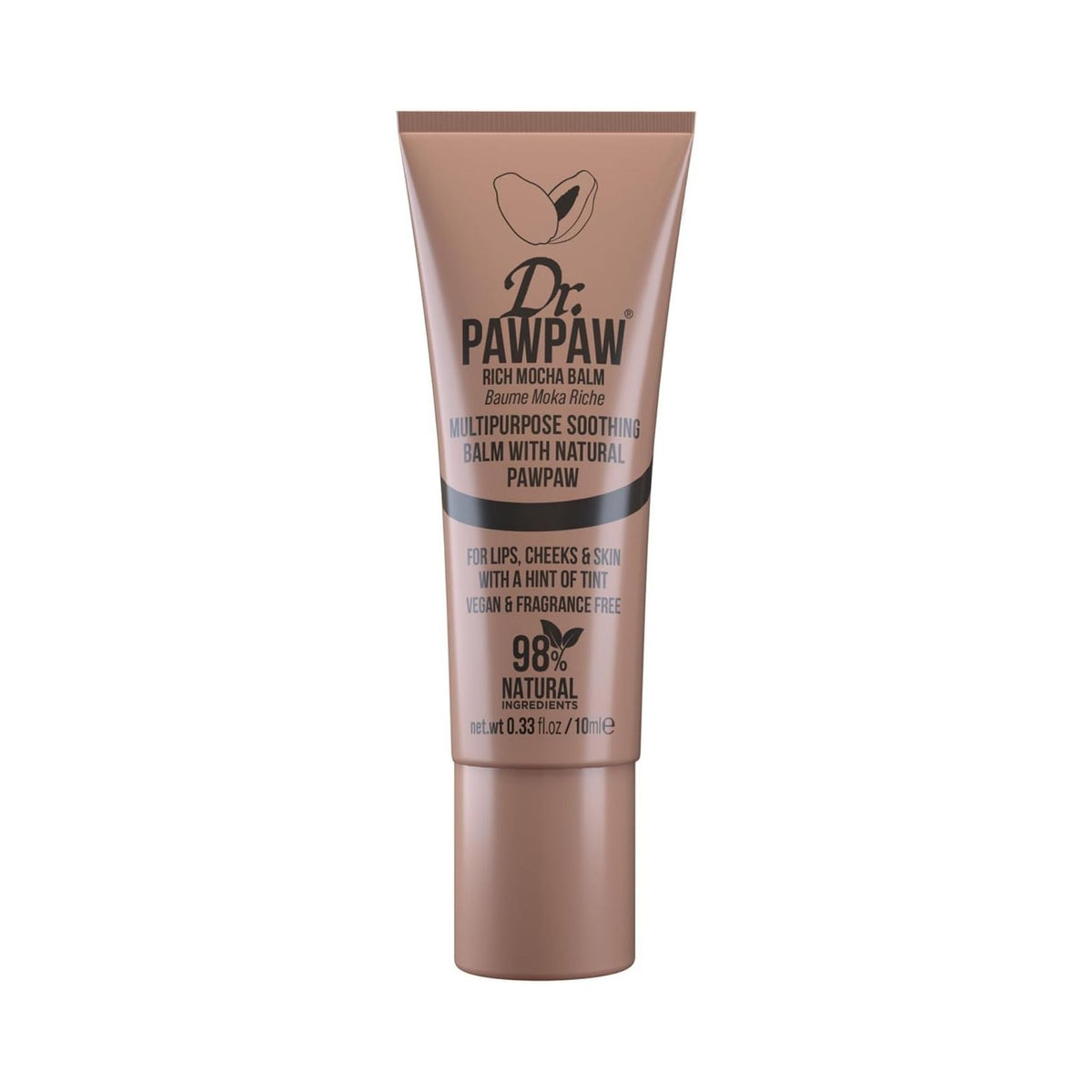 Refect Beauty Dr.PAWPAW Tinted Rich Mocha Balm in a brown squeeze tube for lips, cheeks, and skin hydration.