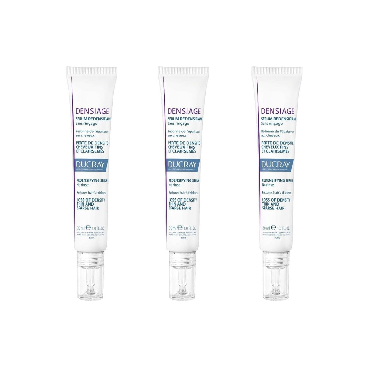 Three tubes of Refect Beauty Ducray Densiage Redensifying Serum for thinning hair on a white background