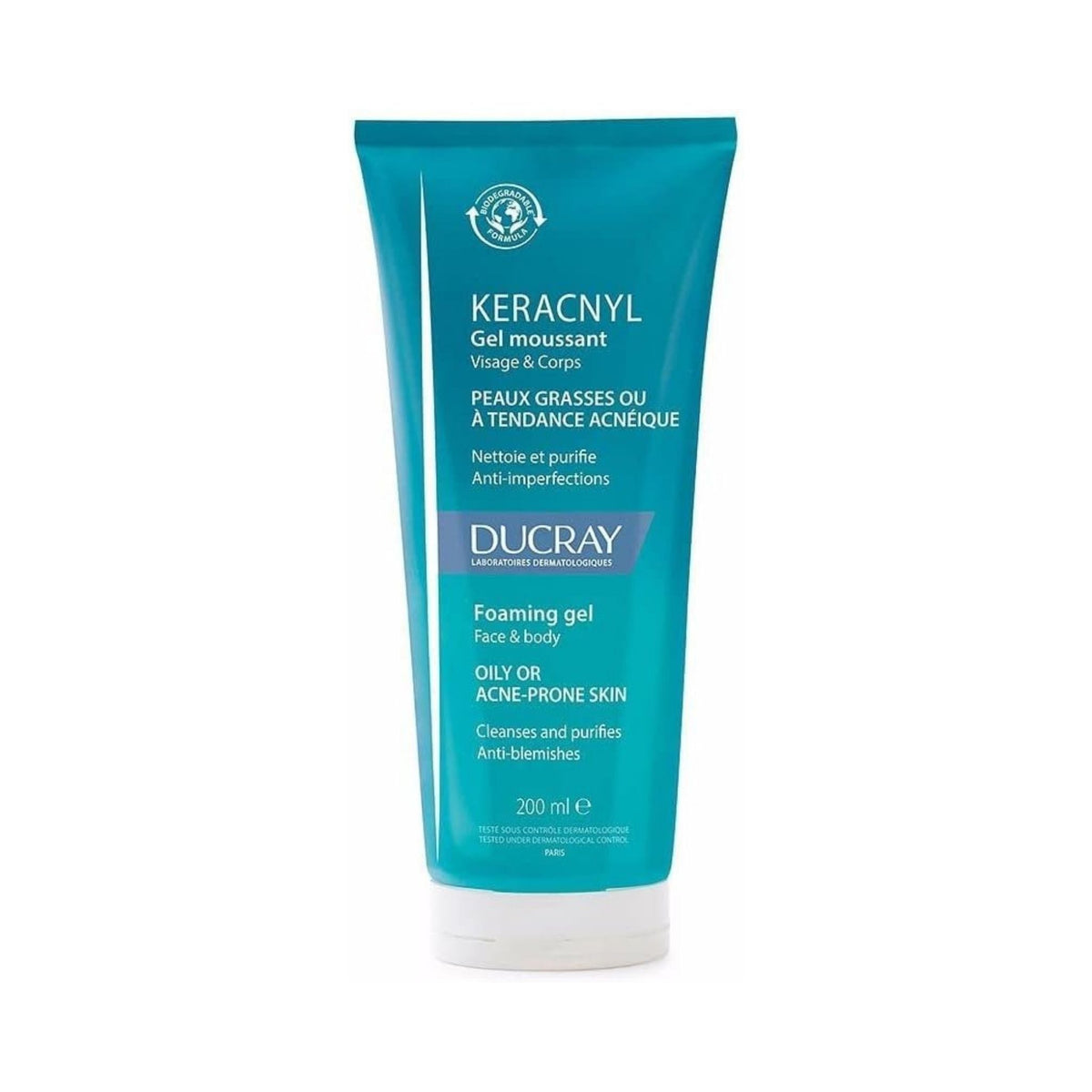 Refect Beauty Ducray Keracnyl Foaming Gel for oily and acne-prone skin in a 200ml teal squeeze tube.