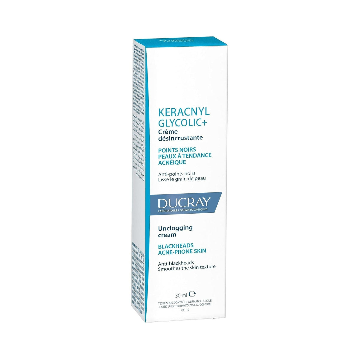 Refect Beauty Ducray Keracnyl Glycolic+ cream box for acne-prone skin to reduce blackheads and smooth skin texture.