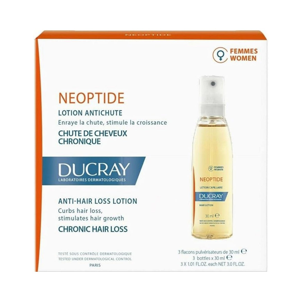 Refect Beauty Ducray Neoptide anti-hair loss lotion for women in a 3-pack box set for chronic hair loss treatment.