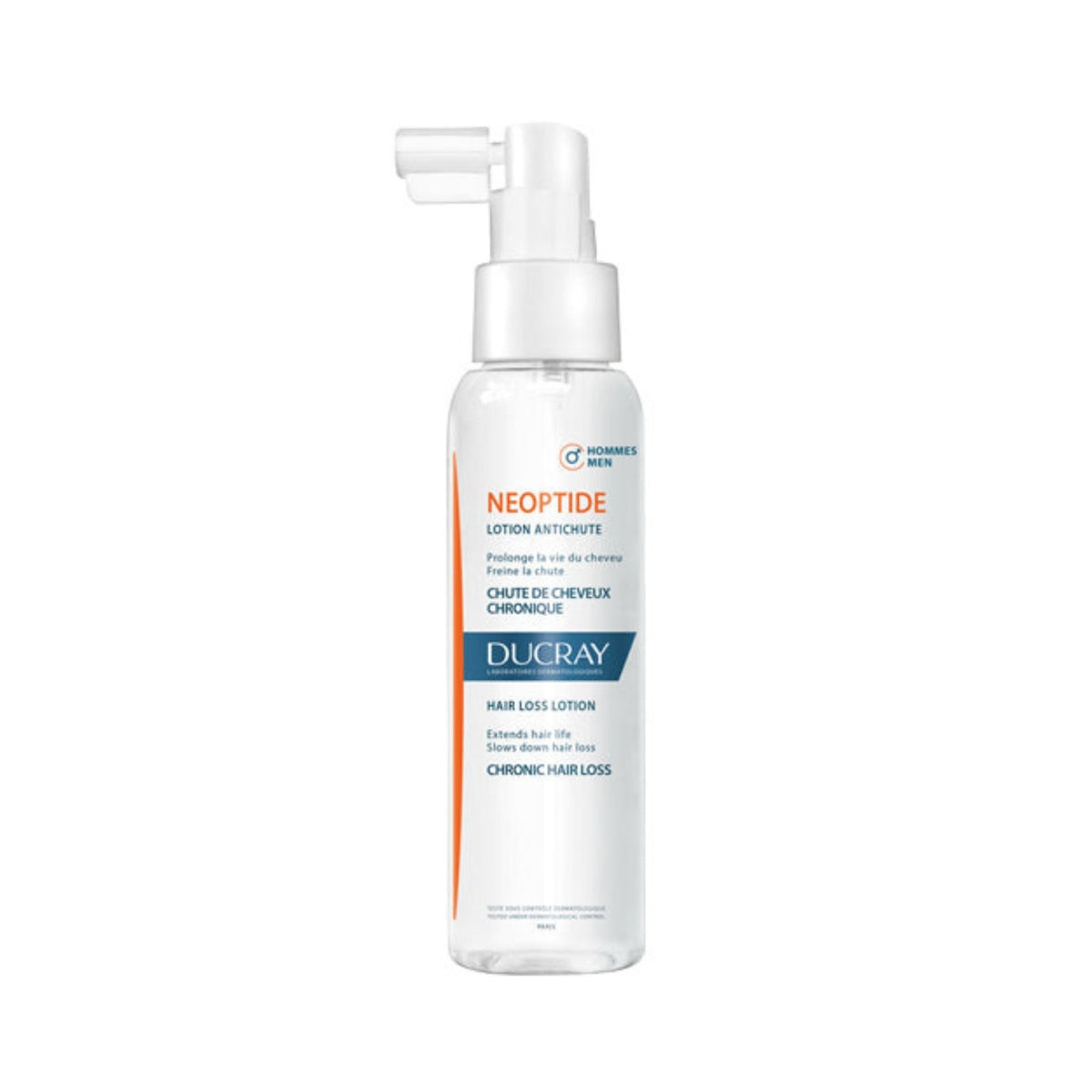 Refect Beauty Ducray Neoptide anti-hair loss lotion for men in a clear spray bottle for chronic hair loss treatment.