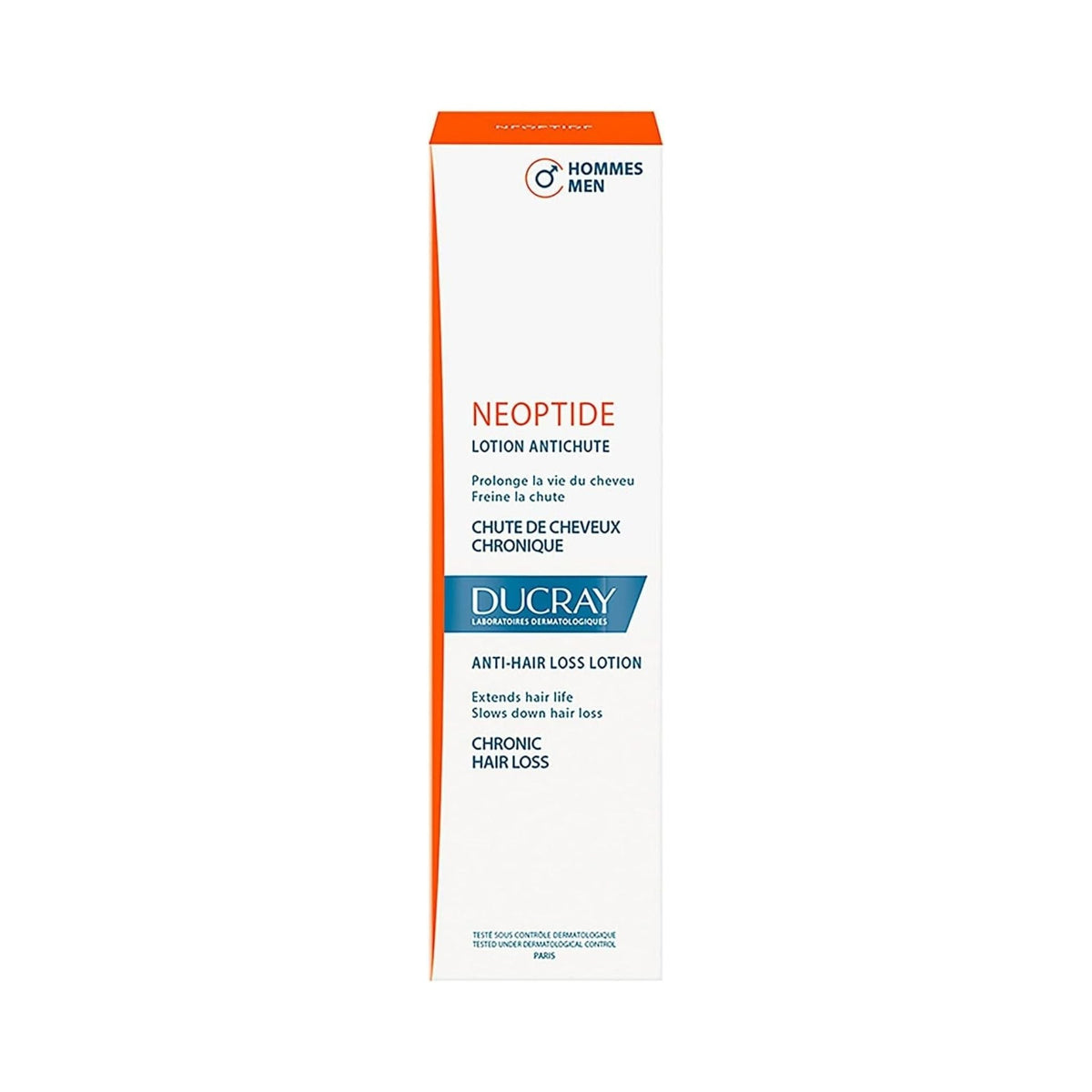 Refect Beauty Ducray Neoptide anti-hair loss lotion for men in a white and orange bottle for chronic hair thinning